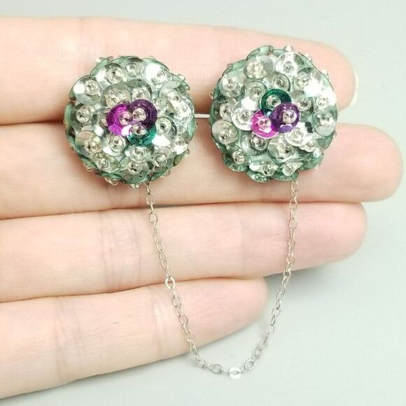 Vintage Sequin Encrusted Sweater Clip Brooches, Silver Tone, Retro Estate - Picture 5 of 6